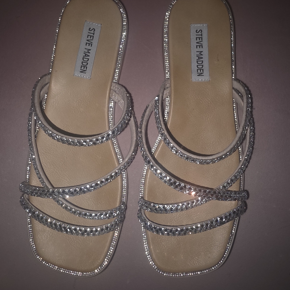Steve Madden Silver Strappy Rhinestone Slide Sandals